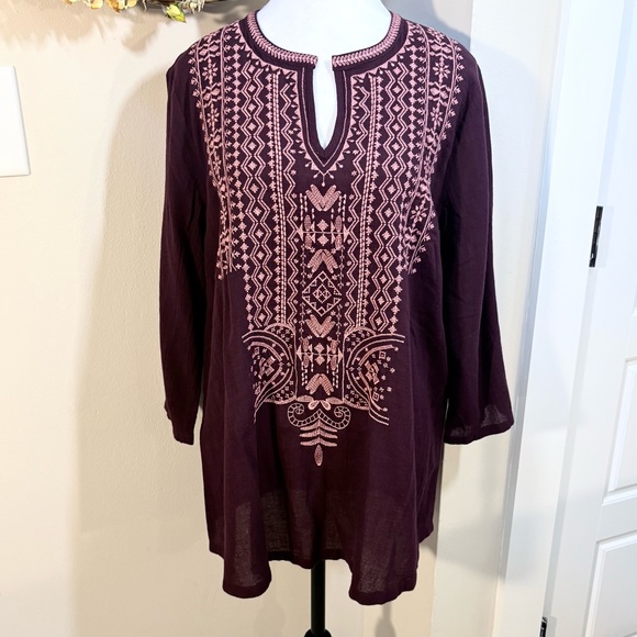 PURE J JILL Embroidered 100% Cotton V-Neck  Tunic in Berry-Inspired Açaí Sz M💚 - Picture 2 of 11